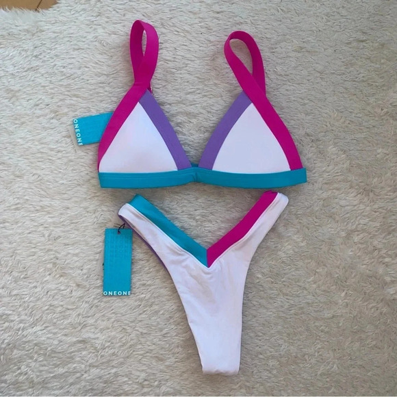 NWT OneOne Swimwear SET Bikini Pristine Kameron Jesse White Purple Pink NEW Cute - Picture 12 of 14